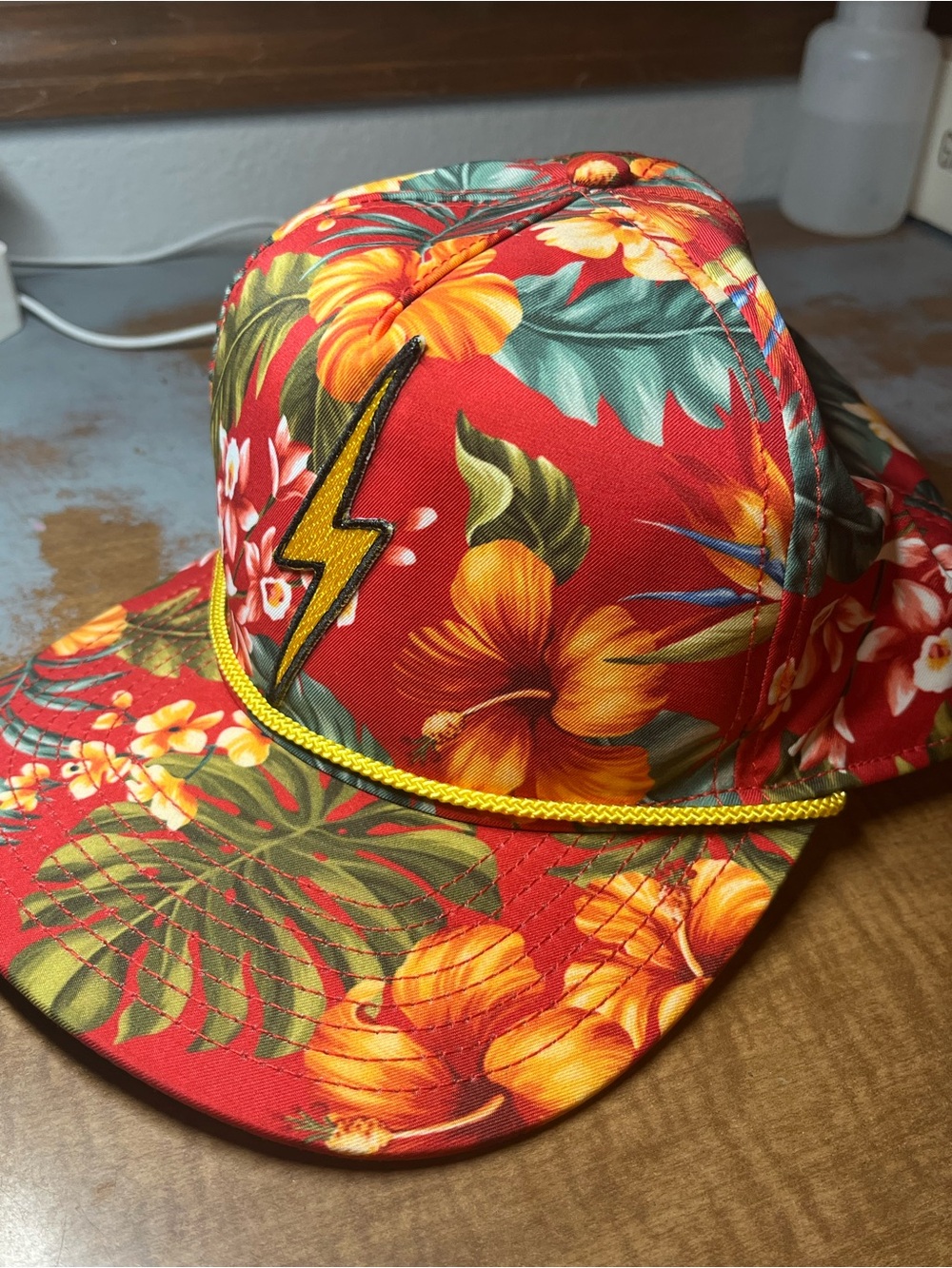 Aviator Nation Red Tropical Floral Cap with Yellow Lightning Patch